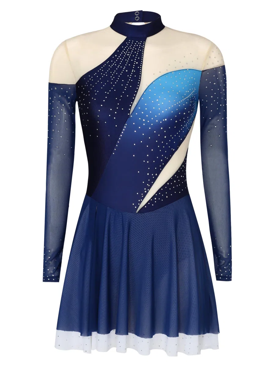 Eiskunstlauf Kleid Damen Glitzernde Kunstlaufkleider Mit Strass Lange Ärmel Eistanz Gymnastikanzug Wettkampf Show