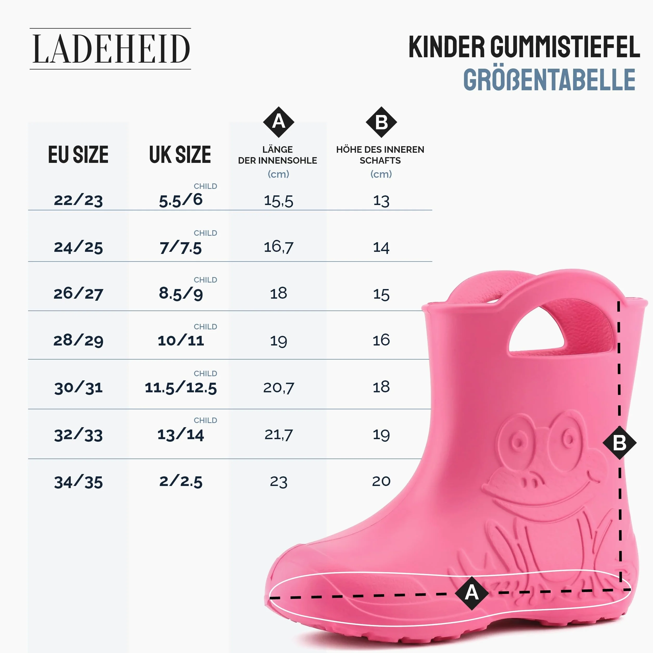 Ladeheid Eva federleichte Kinder Gummistiefel für Jungen und Mädchen Regenschuhe Bequeme und wasserdichte Regenstiefel Kinder LA-CA-01