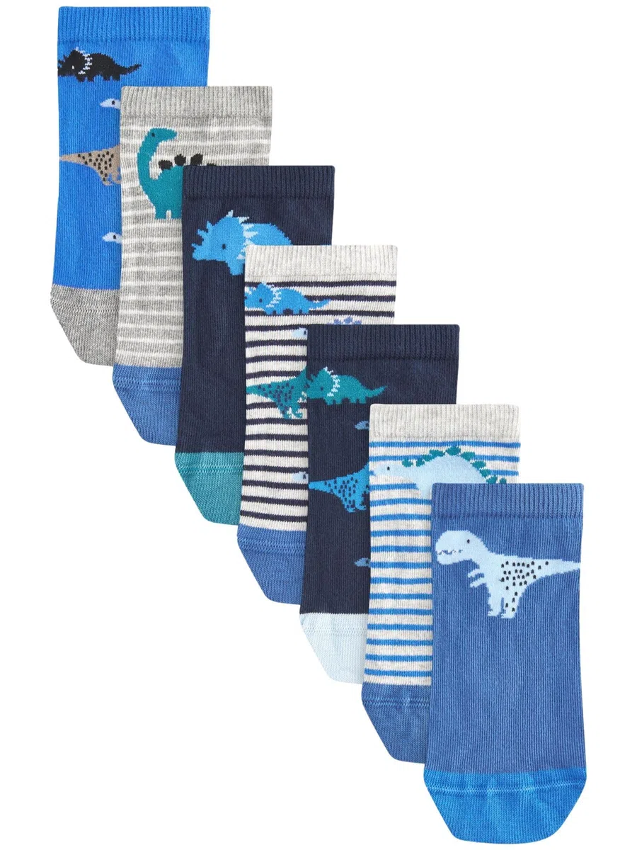 NEXT Jungen Sneaker-Socken mit hohem Baumwollanteil, 7er-Pack Blue Dinos 26.5-30.5