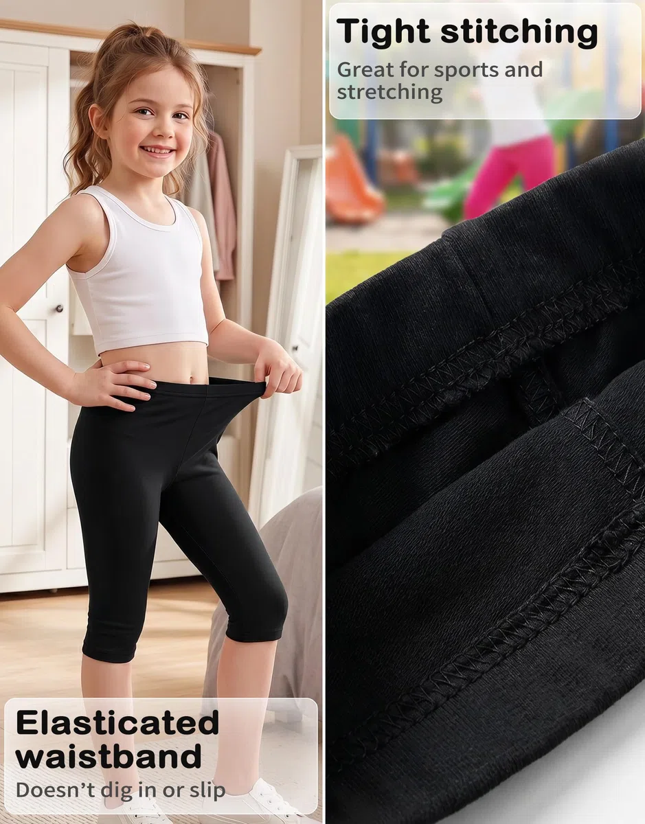 Capri Leggings Mädchen Modal 3er Pack 3/4 Kurze Radlerhose Kinder Elastische Atmungsaktiv Sporthose Weiche Bequeme Caprihose Einfarbige Activewear Sommerhose 4-11 Jahre, GR. 104-146