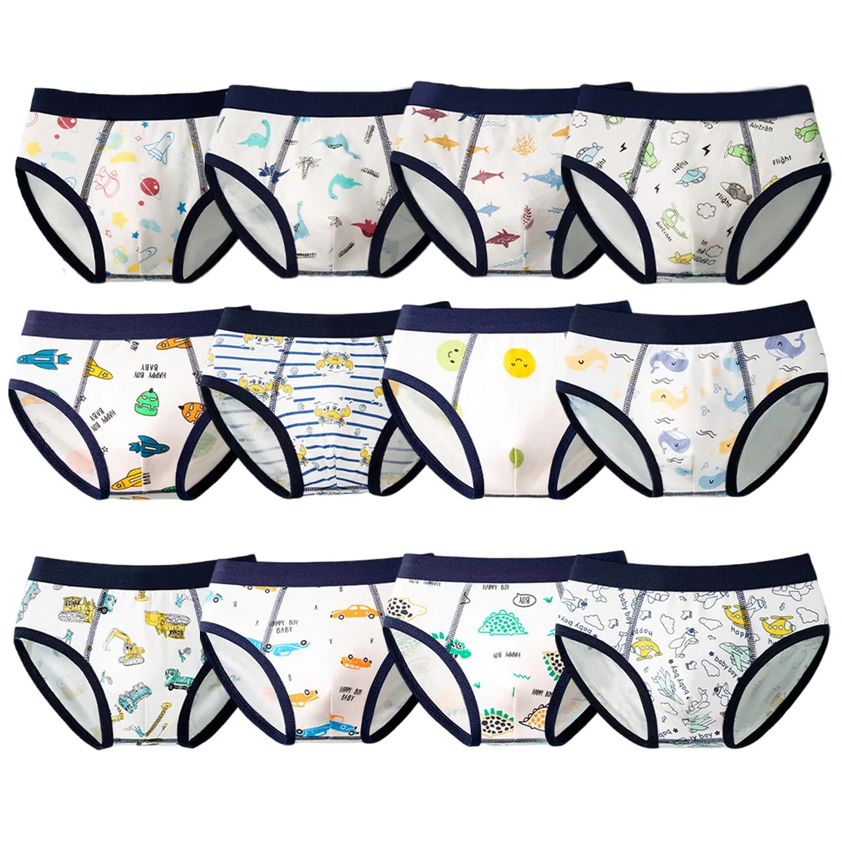 Jungen Slips Unterwäsche Atmungsaktiv Dinosaurier Hose Weiche Baumwolle Verschiedene Slips für Kleinkinder, 2–12 Jahre (12er-Pack)