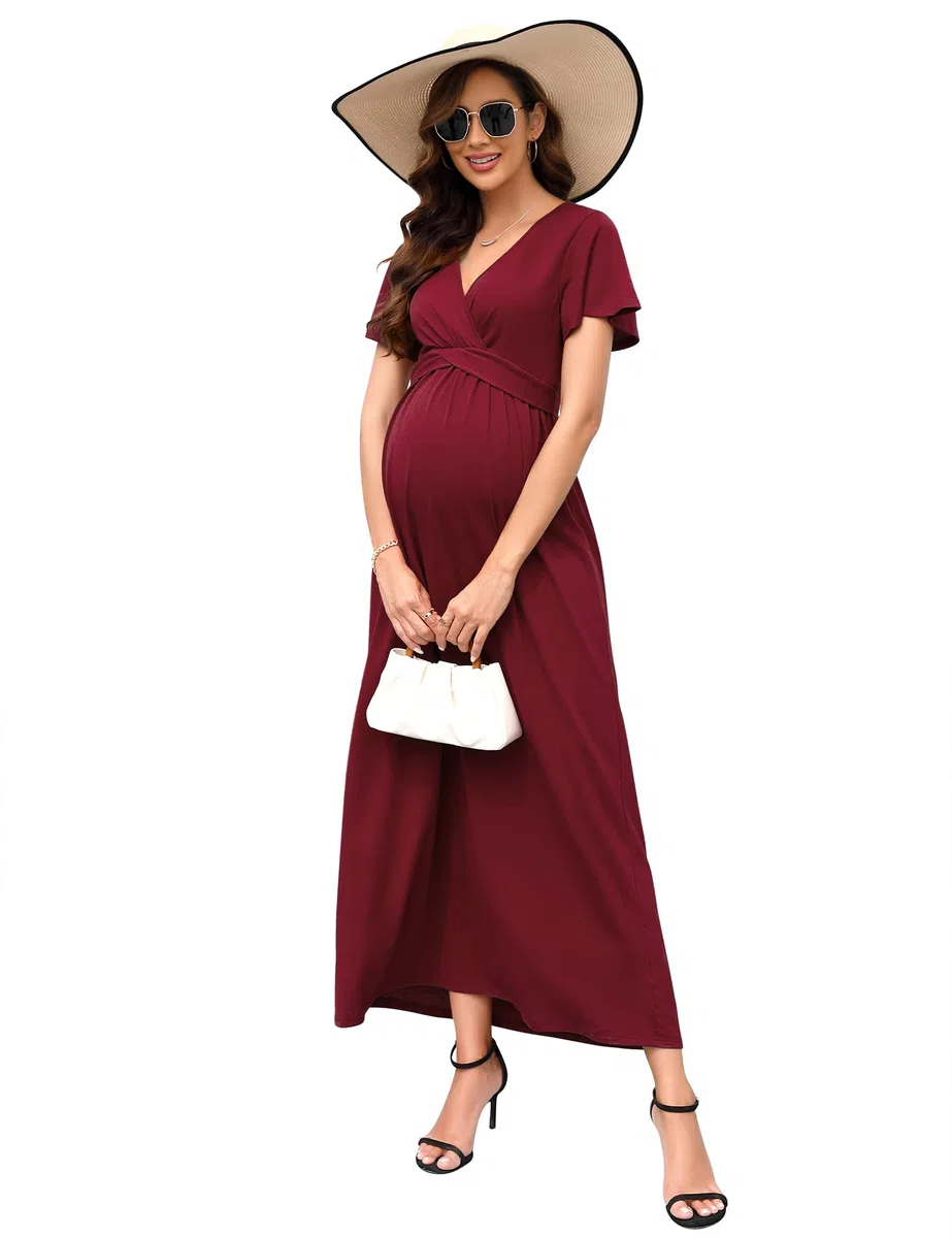 KOJOOIN Damen Umstandskleid V-Ausschnitt Langes Stillkleid 3/4 Ärmel Casual Falten Schwangerschaftskleid(Verpackung MEHRWEG)