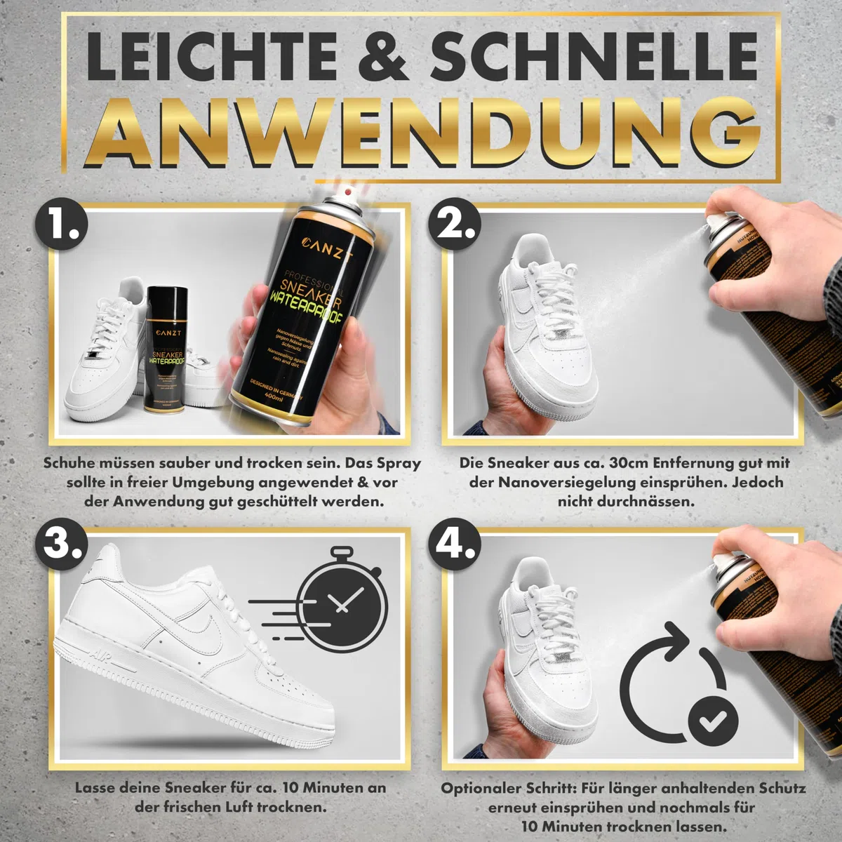 Canzt Imprägnierspray Schuhe 400ml – Schuh Imprägnierung für Wildleder, Leder, Nubuk & Textilien – Wasser- & Schmutzschutz für Sneaker & Outdoor-Schuhe