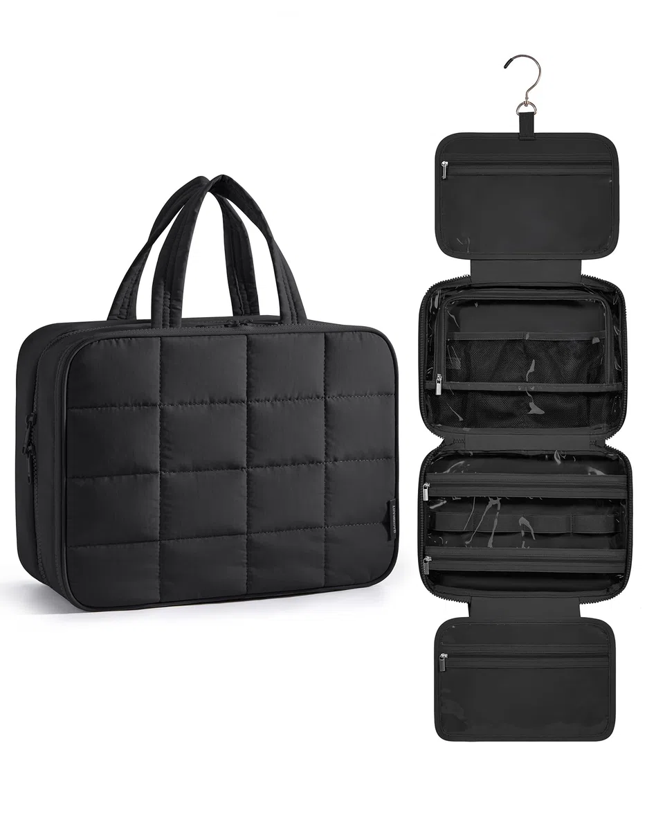 BAGSMART Kulturbeutel zum Aufhängen, Kulturtasche für Damen, Kosmetiktasche Groß, Toilettentasche Damen Reise Schmuck Organizer, Puffy Makeup Cosmetic Bag Organizer, Schwarz