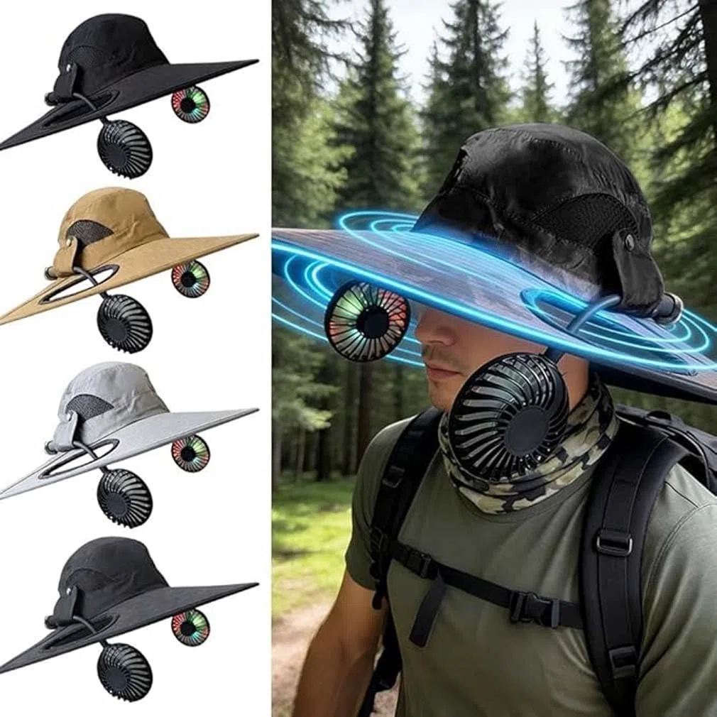 2-in-1 Hands-Free Hat Fan with Detachable Neck Fan,Sonnenhut mit USB wiederaufladbare Ventilator Mütz,Sonnenhut mit breiter Krempe UPF 50+ & wasserdicht,Breite Krempe Sonnenhut für Männer Frauen