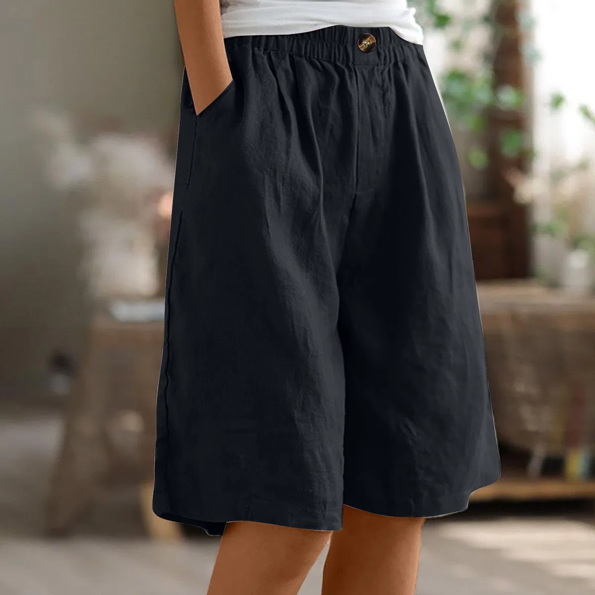 EMATOP Kurze Leinenhose Damen Sommer Leicht Shorts Knielang Stoffhose Casual Baumwolle Leinen Hose Locker Luftig Strandhose Elegant Einfarbiges Sommerhose Weites Hosen mit Taschen Sporthose