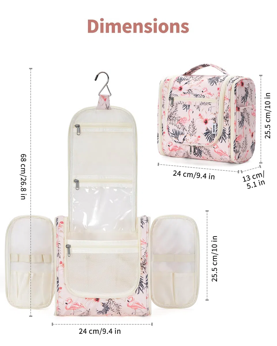 Narwey Kulturbeutel zum Aufhängen, Kulturtasche Kulturbeutel Damen Kinder Gross, Waschtasche Hanging Toiletry Bag Damen für Reise, Kosmetiktasche Make up Tasche für Mädchen (Beiger Flamingo (Groß))