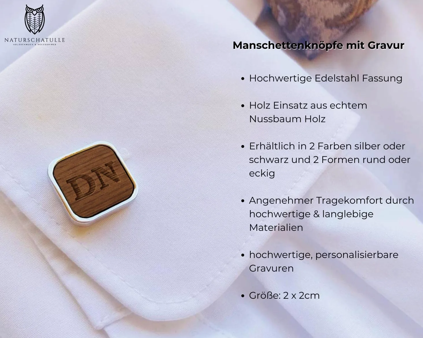 NaturSchatulle Manschettenknöpfe Herren Holz mit Gravur 1 Paar Schwarze Manschettenknopf Rund Hochzeit Anzug Männer Cufflinks for Men