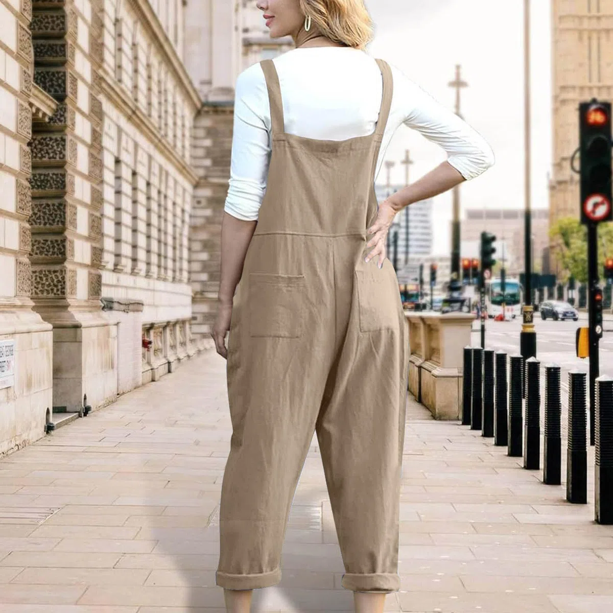 Damen Latzhose, Oversize Jumpsuit für Damen Baumwolle Und Leinen Jumpsuit mit Große Taschen Einfarbig Sommerhose Verstellbarer Riemen Stoffhose Mode Strandhose