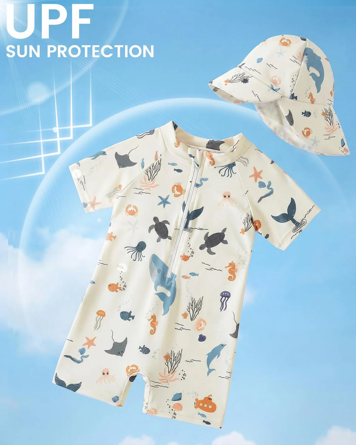 DivingBirds UV Badebekleidung Baby Badeanzug mit Hut Unisex Badeanzug Baby Kinder Schwimmanzug Mädchen Junge 3 Monate-4 Jahre