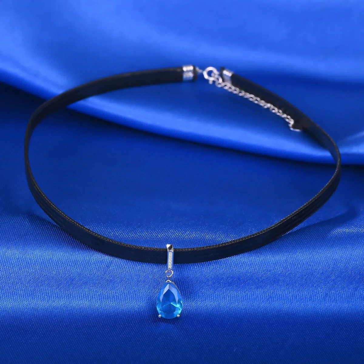 Fashion Damen Halsreife Halskette 925 Silber Ketten mit Blauer Teardrop Zirkonia Anhänger für Mädchen Elegante Choker Ketten mit Schwarze Lederkordelkette