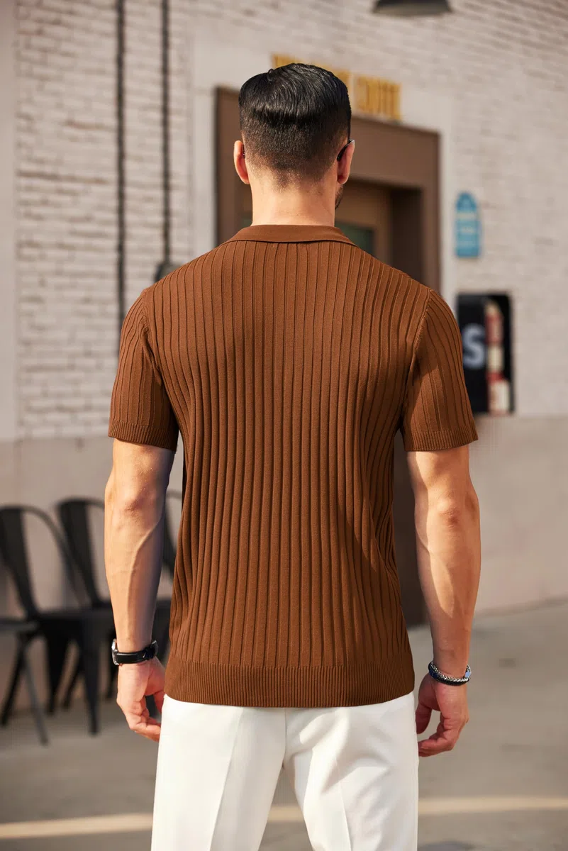 COOFANDY Herren Poloshirt mit Reißverschluss Sommer Kurzarm Strick Gestreiftes Polohemd Stretch Golf Casual Polo Shirt