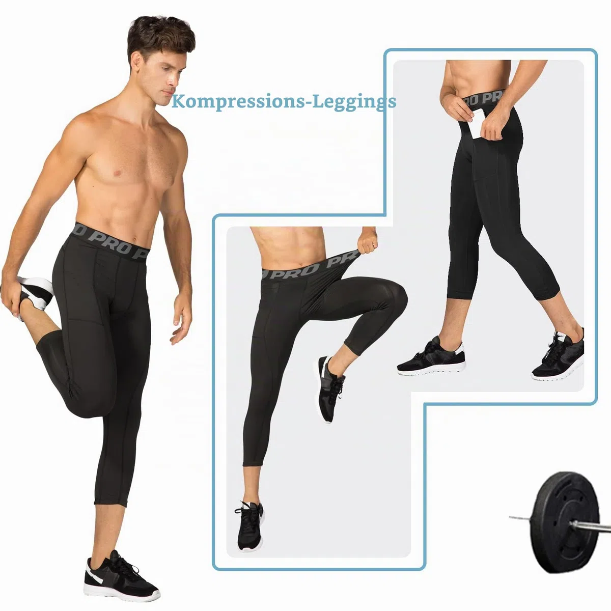 2er-Pack Kompressionshose Herren 3/4 Sport Legging Schnelltrocknende Lauftights mit Taschen Atmungsaktiv Kompression Hose für Fitness Gym Joggen Training Basketball