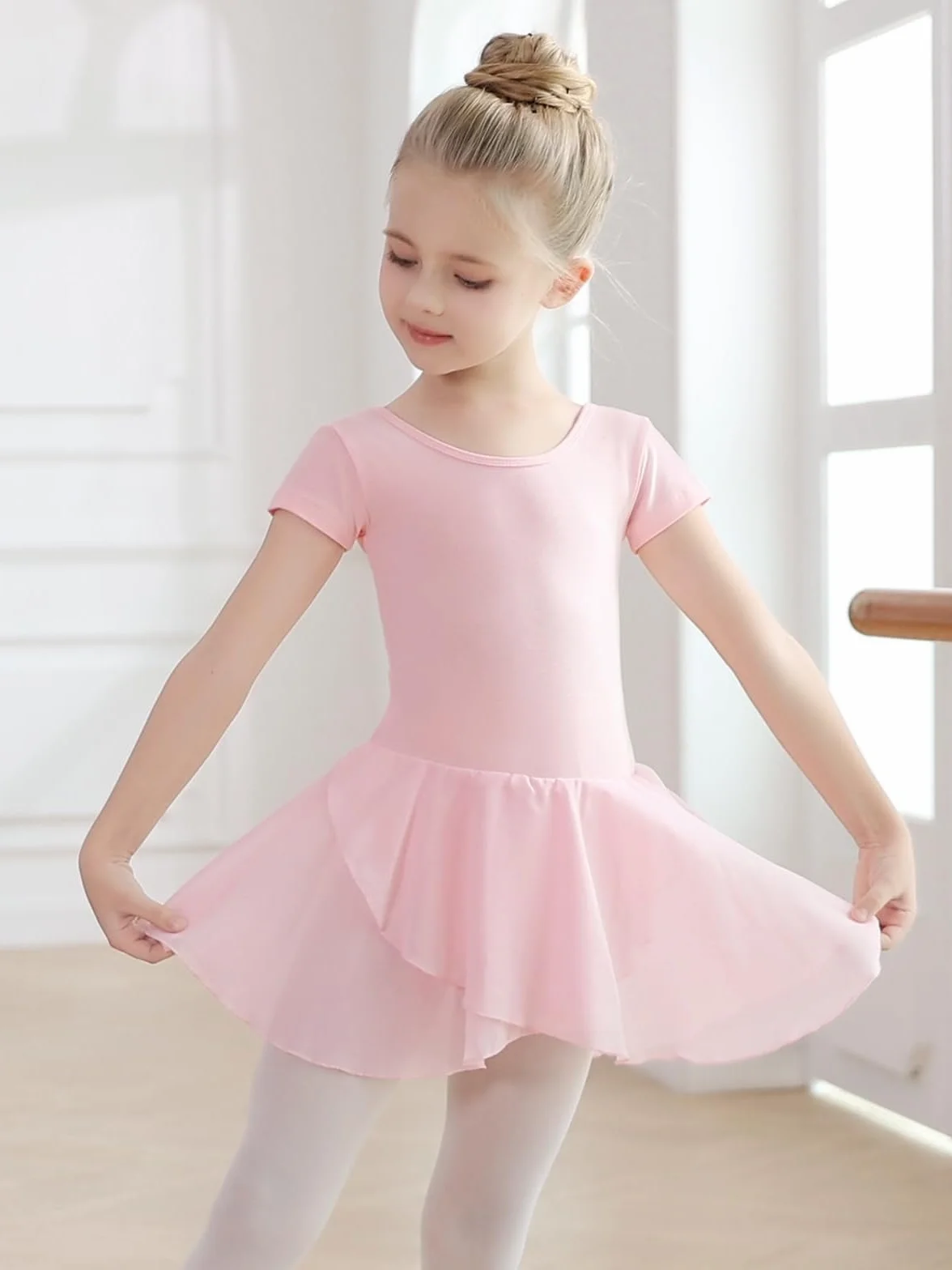 Ballettkleidung Mädchen damen-Kinder Ballettkleid Baumwolle,Balletttrikot Tanzkleid Tanzbody Kurzarm,ballettrock mädchen mit Chiffon Tütü, Größe 110-170