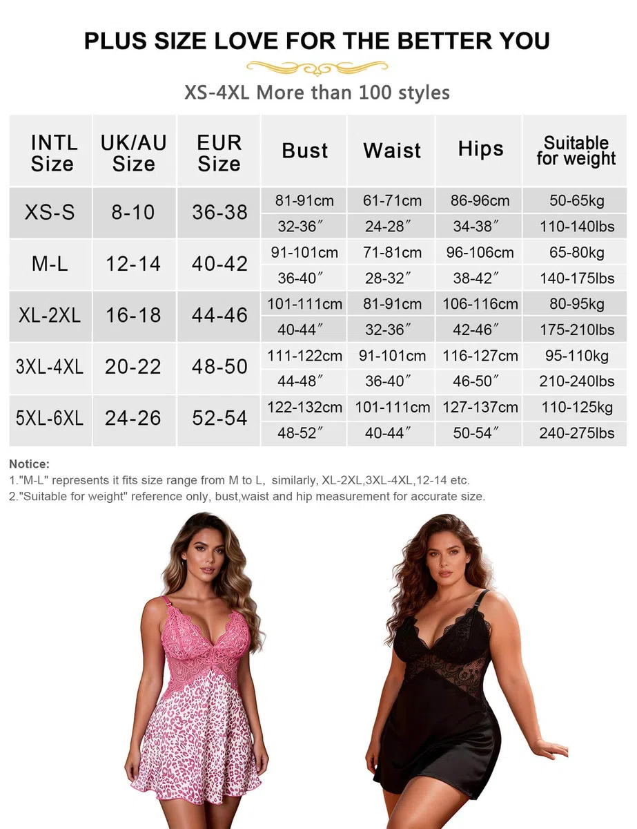 ohyeahlady Negligee Damen Sexy Große Größe Sexy Babydoll Dessous für mollig Frauen Lingerie Reizwäsche Curvy V-Ausschnitt Übergröße Nachtwäsche Spitze Kleid mit T-Back String