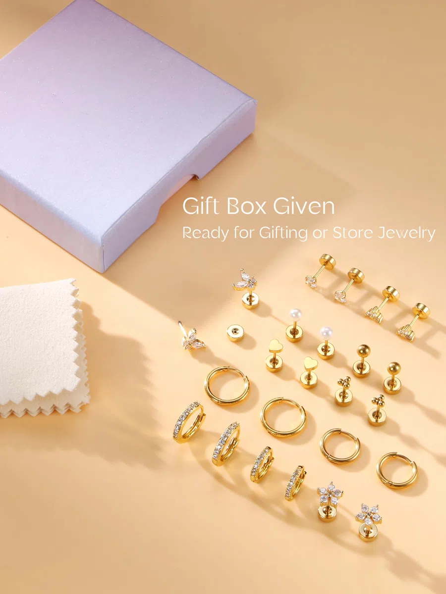 CASSIECA 12 Paar Ohrringe Gold Silber Set, 316L Chirurgenstahl Ohrringe für Damen Herren Medizinische Ohrstecker und Creolen für Mehrfachpiercing 14K Vergoldet Helix Tragus Piercing Ohr Gold Silber