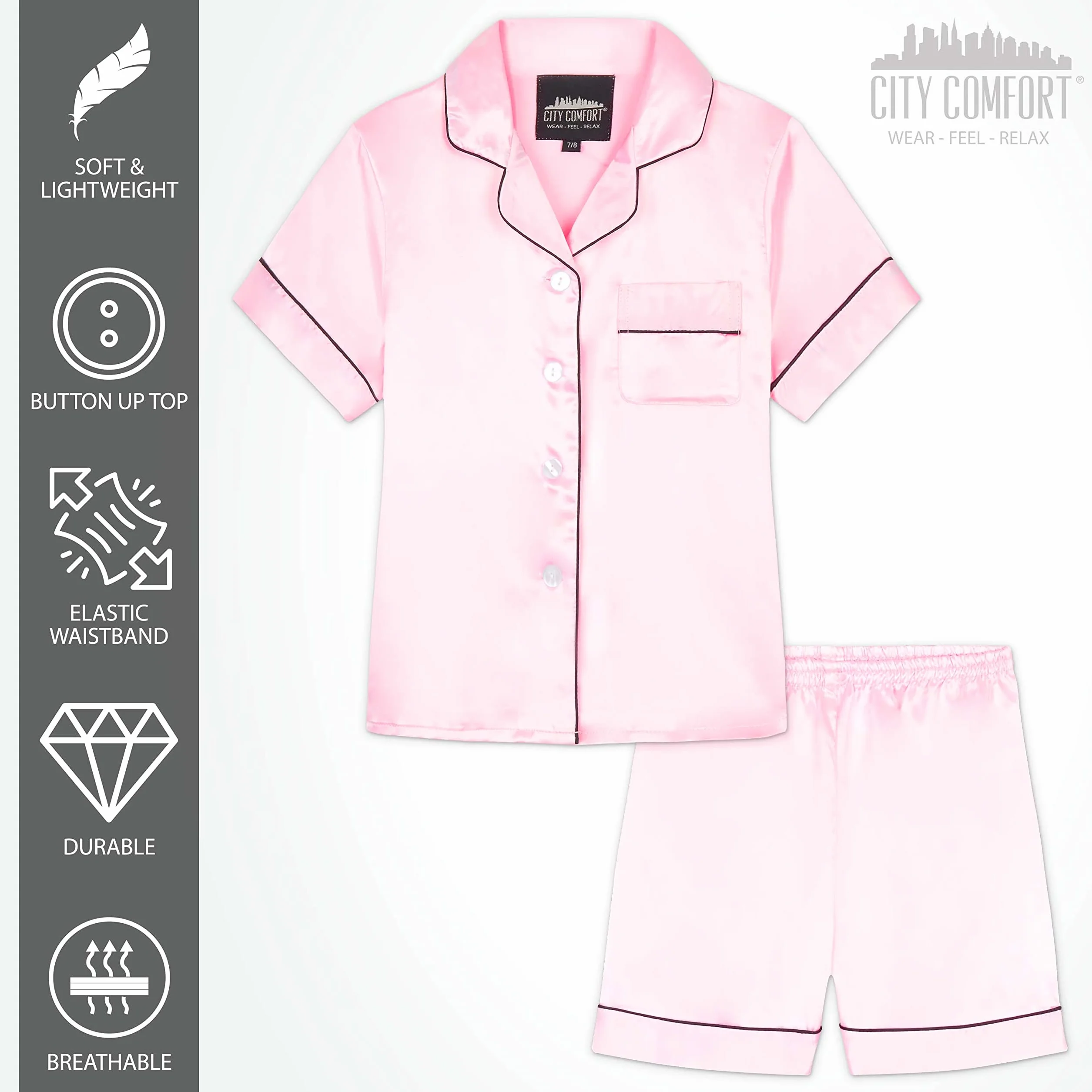 CityComfort Schlafanzug Mädchen 7-16 Jahre, 2-teiliges Satin Sommer Pyjama Set mit Kurzarm Top und Shorts, Geschenke für Mädchen