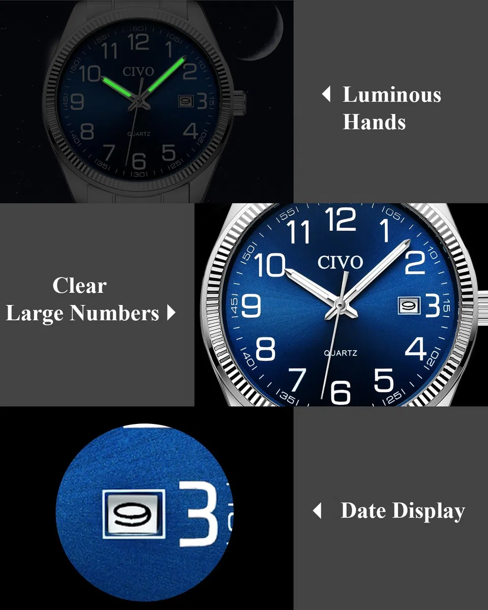 CIVO Silber Herrenuhr Leicht Lesbar: Edelstahl Analog Großes Zifferblatt Wasserdicht - Geschenk für Senioren mit Sehschwäche