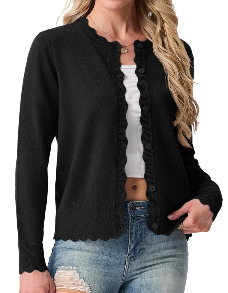 GRECERELLE Strickjacke Damen Kurz mit Rundhals und Knöpfen Leichte Langarm Cardigan Casual Wellenförmiger Rippensaum Strickjacken für Damen