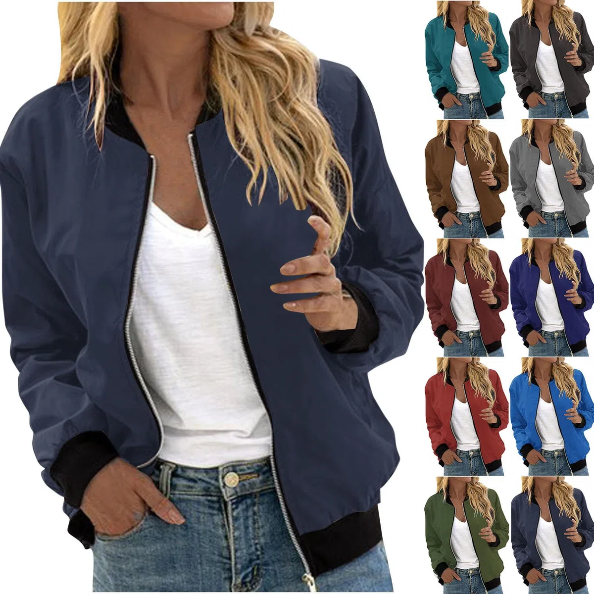 EMATOP Bomberjacke Damen Langarm Casual College Jacke Leichte Elegant Fliegerjacke Bequem Einfarbig Pilotenjacke Zip Up Übergangsjacke mit Taschen Sportjacke Locker Lässig Bikerjacke Outwear