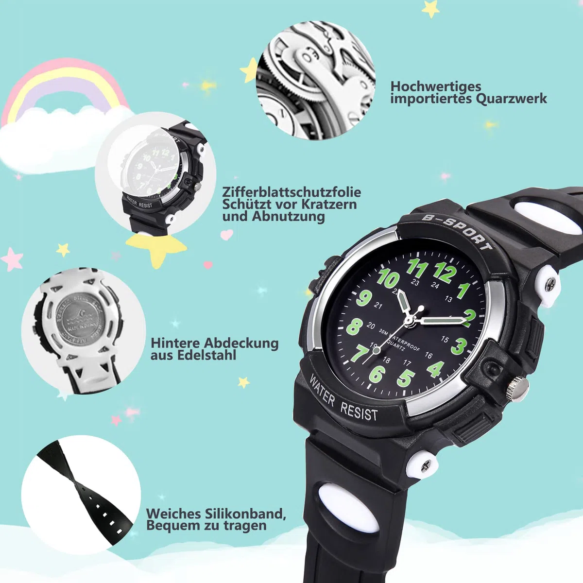 Kinderuhr Jungen Mädchen,Armbanduhr Jungen Analog,Armbanduhr Kinder,Analog Quartz Uhr mit Kinderuhr Kautschuk Wasserdicht Outdoor Sports Uhren