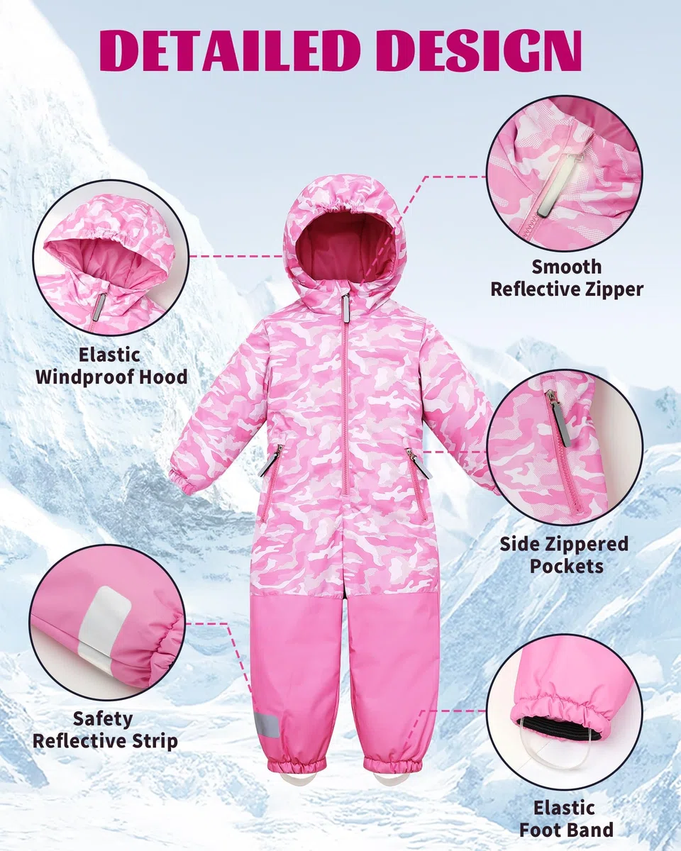Owntop Schneeanzug Kinder Unisex, Schneeoverall Mädchen Jungen, Winddicht Wasserdicht Skianzug mit Kapuze Reißverschluss (Hellrosa Tarnung,104)