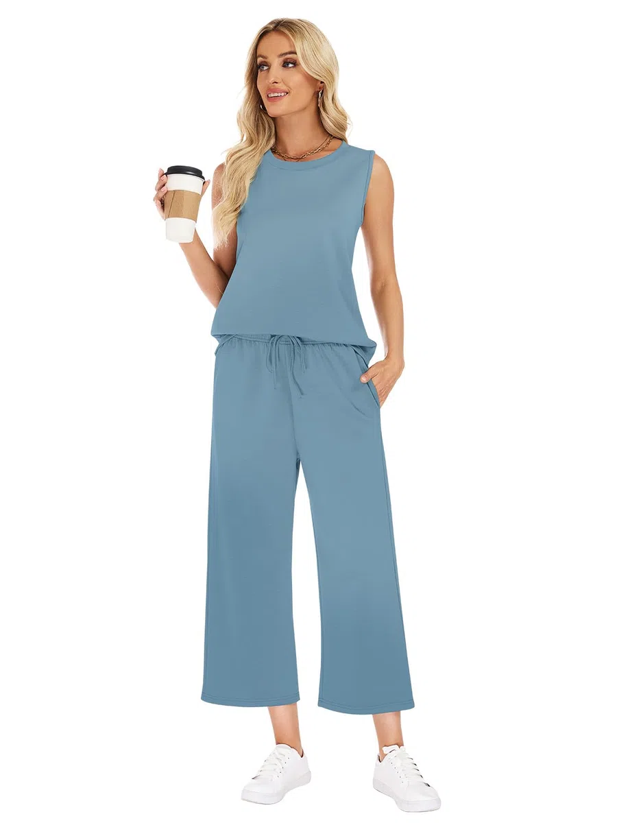 VUTRU Zweiteiler Trainingsanzug Damen Sommer Outfits Tracksuit Kurzarm Lässige Jogginganzug Damen und weite Hose mit Taschen Sport Anzug Hausanzug
