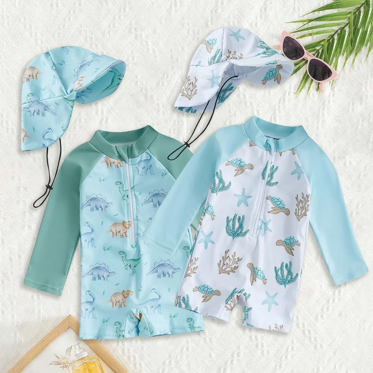 Generisch UV Kleidung Baby Kinder Badebekleidung Einteiliger Badeanzug mit Badekappe Sommer Langarm Druck Schwimmanzug Kleinkind Strand Casual Badeoverall Bequem Bademode für 0-3 Jahre