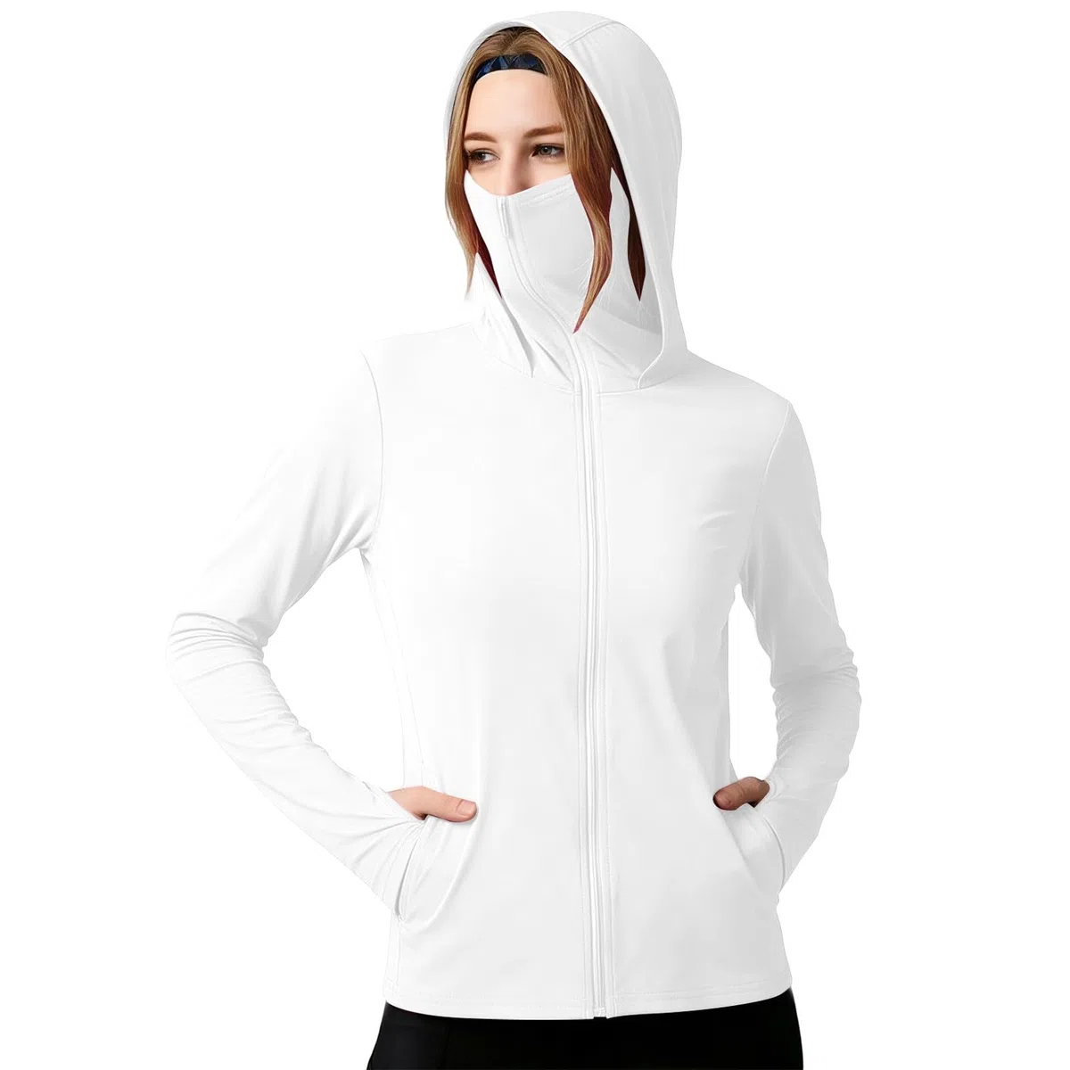 UPF 50+ Sonnenschutz Sommerjacke Damen Sonnenschutz Hoodie Full Zip Laufshirt Langarm Leichte Dünne Sportjacke mit Taschen Schnelltrocknend Trainingsjacke Einfarbig Sportshirt