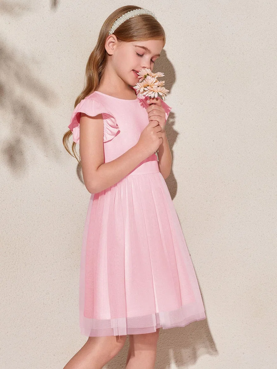 Haloumoning Mädchen Kleider Rüschenärmel Rundhals Einfarbig Sommerkleid A-Linie Prinzessin Tüll Kleid Festlich Geburtstag Hochzeit Party Freizeitkleid