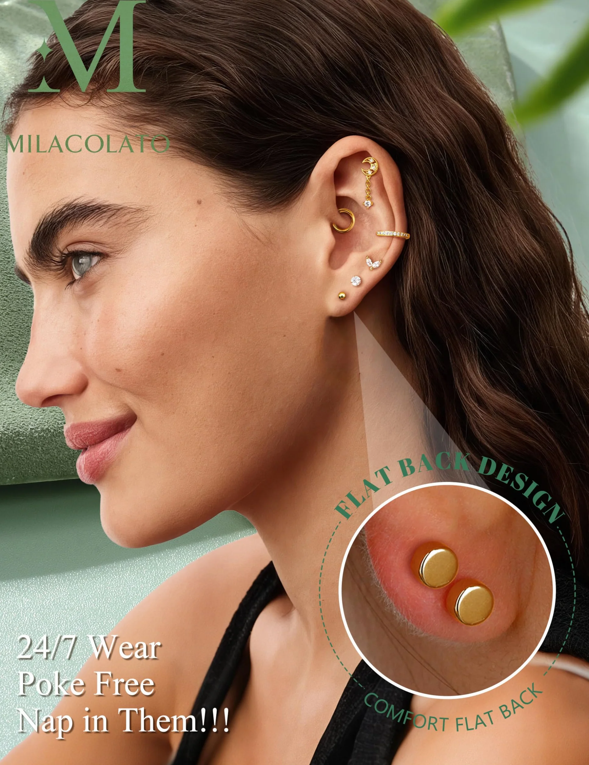 MILACOLATO Helix Piercings Chirurgenstahl Ohrringe Piercing Ohr Flatback Ohrstecker Hypoallergen Klein Knorpel Ohrringe Creolen Gold Wasserfest Rook Tragus Conch Piercing Silber Gold