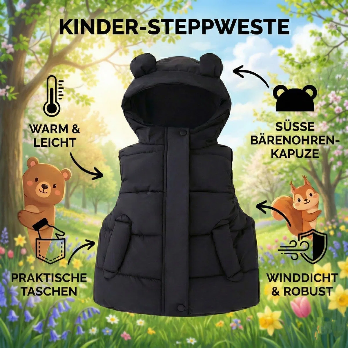 JiAmy Kinder Steppweste mit Süßen Ohren, Leichte Weste mit Kapuze für Jungen & Mädchen, Übergangsjacke Ärmellos für Herbst & Frühling