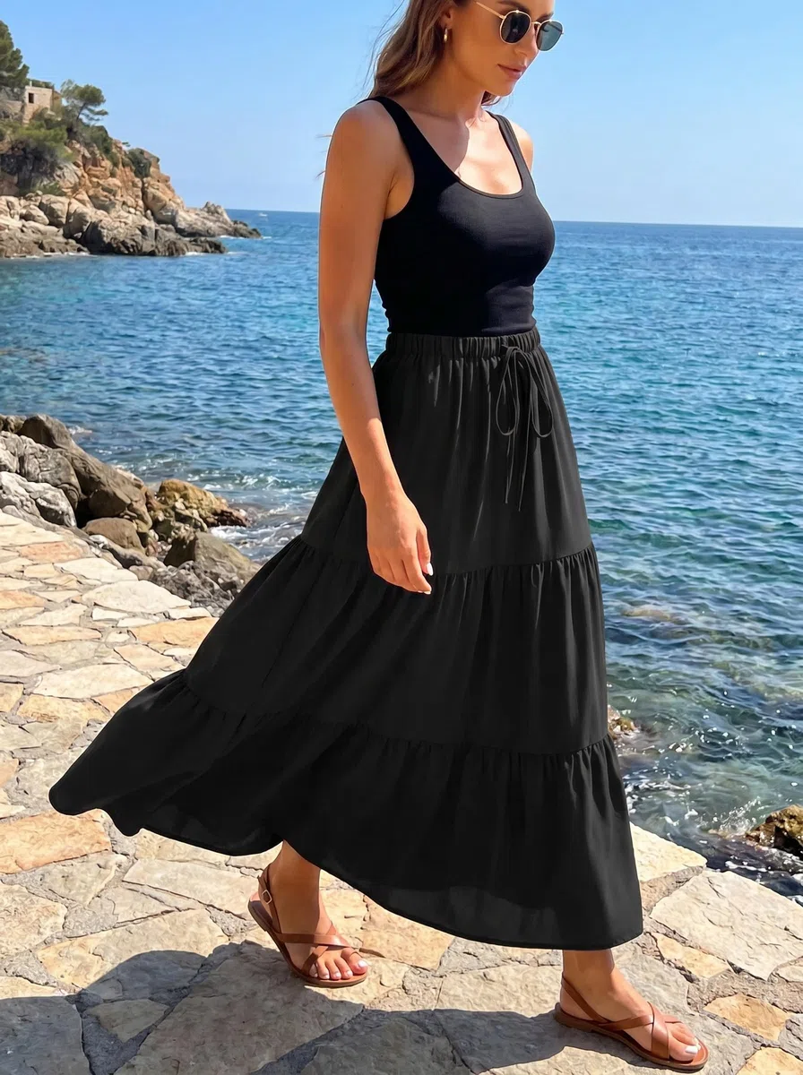 WERFORU Langer Rock Damen mit Taschen Hohe Taille mit Elastischem Bund Röcke Elegant Maxirock Lang Sommerrock