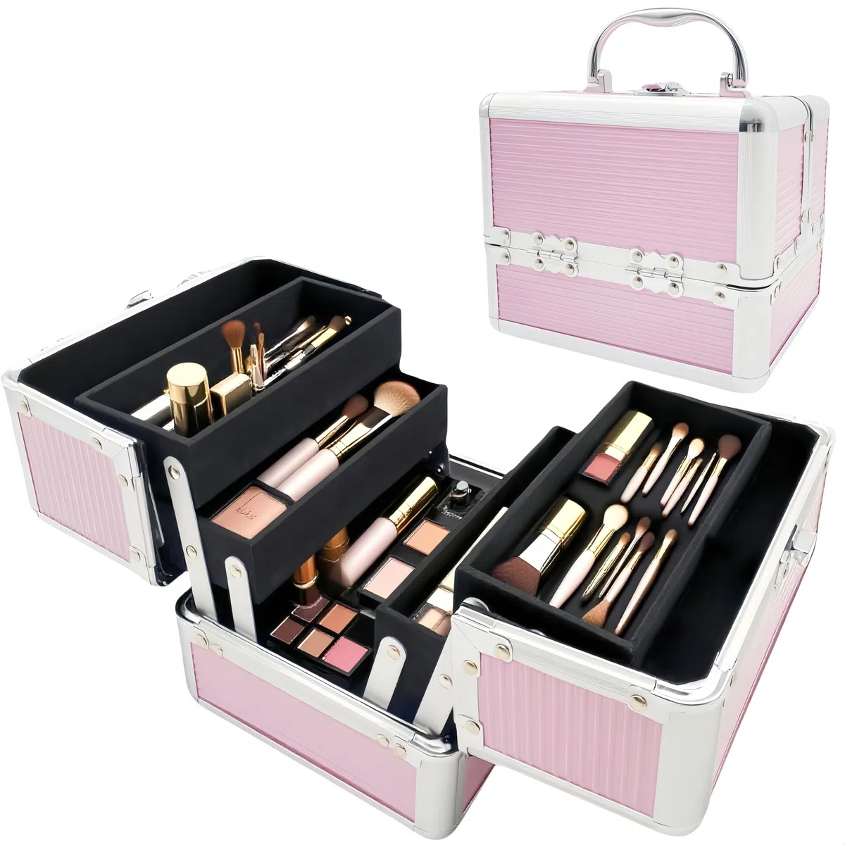 iGadgitz Home Mini Klein Aluminium Kosmetikkoffer, Schminkkoffer, Beautycase, Makeupbox - 4X ausklappbare Fächer, großes Bodenfach & Tragegriff - Klein