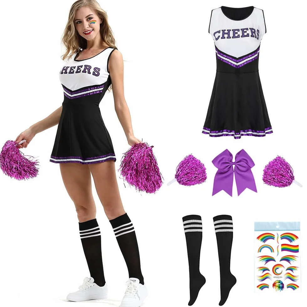 PASLFC Cheerleader Kostüm Damen für Erwachsene,Cheerleading outfit,Cheerleadering Outfit,High school musical cheerleader kostüm,Cheerleader Pompoms für Karneval Party Cosplay Fasching Halloween