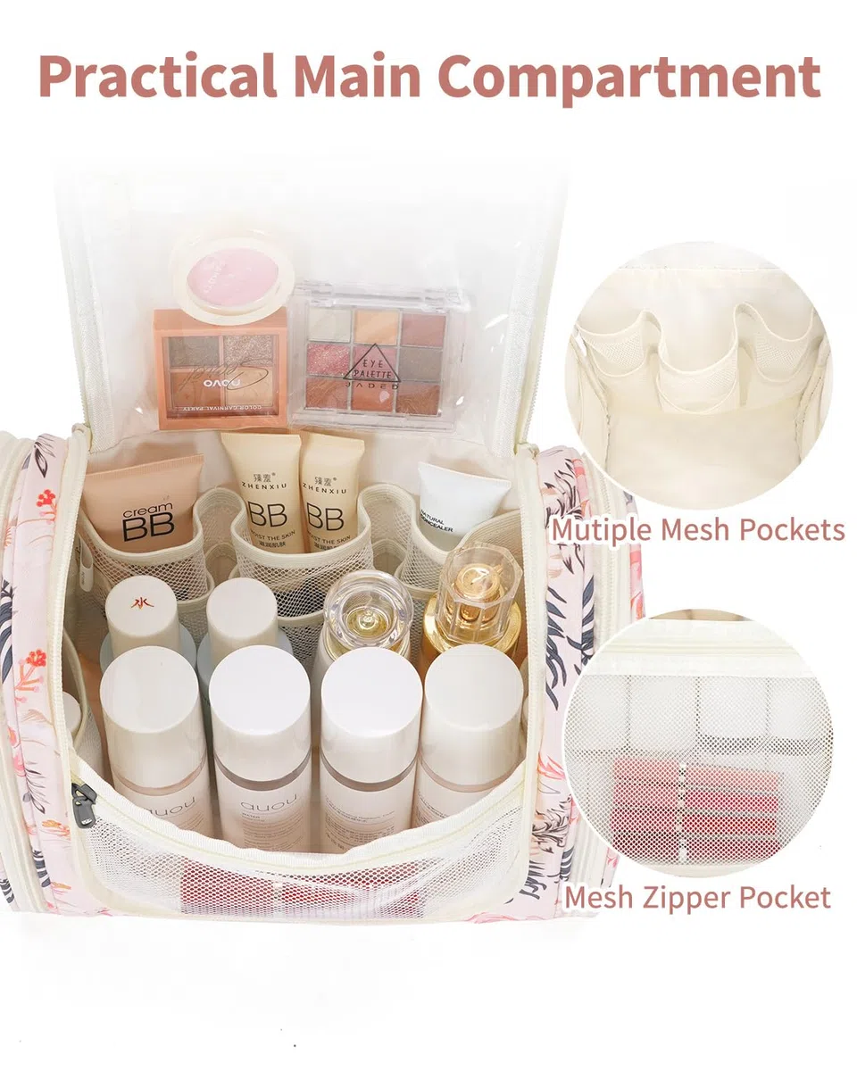 Narwey Kulturbeutel zum Aufhängen, Kulturtasche Kulturbeutel Damen Kinder Gross, Waschtasche Hanging Toiletry Bag Damen für Reise, Kosmetiktasche Make up Tasche für Mädchen (Beiger Flamingo (Groß))