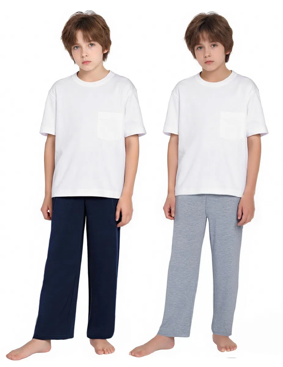 Arshiner Jungen 2er-Pack Schlafanzughose Weich Bequeme Pyjamahose Knopfleiste Lang Einfarbig Freizeithos Elastische Taille Mit 2 Taschen Schlafhose für Kinder 7-15 Jahre