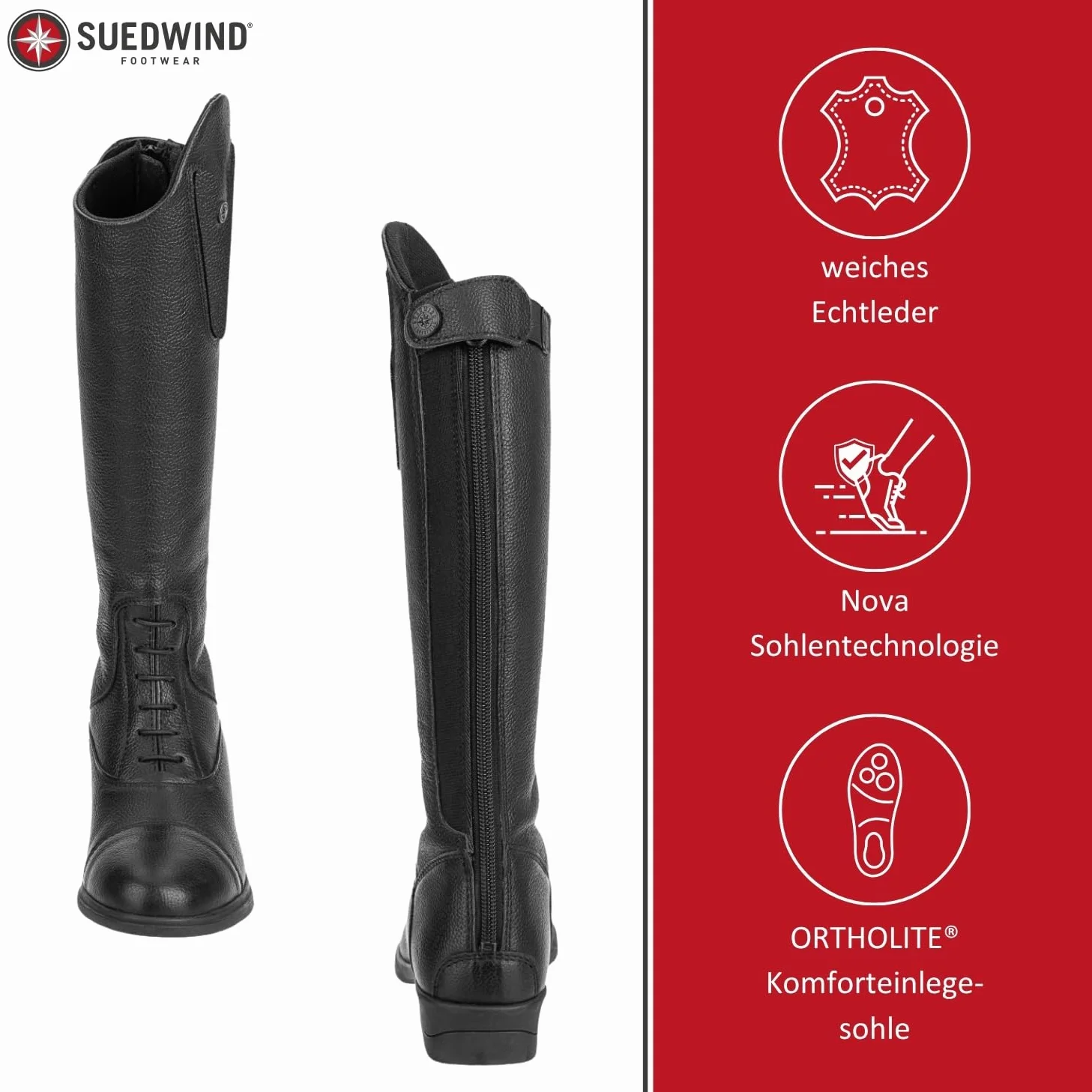 SUEDWIND FOOTWEAR Kinder-Reitstiefel aus Leder Nova Kids Fun Leather – Stiefel zum Reiten – Derby-Schnürung, Reißverschluss, Komfort-Innensohle & auswechselbare Patches – schwarz – 35-41