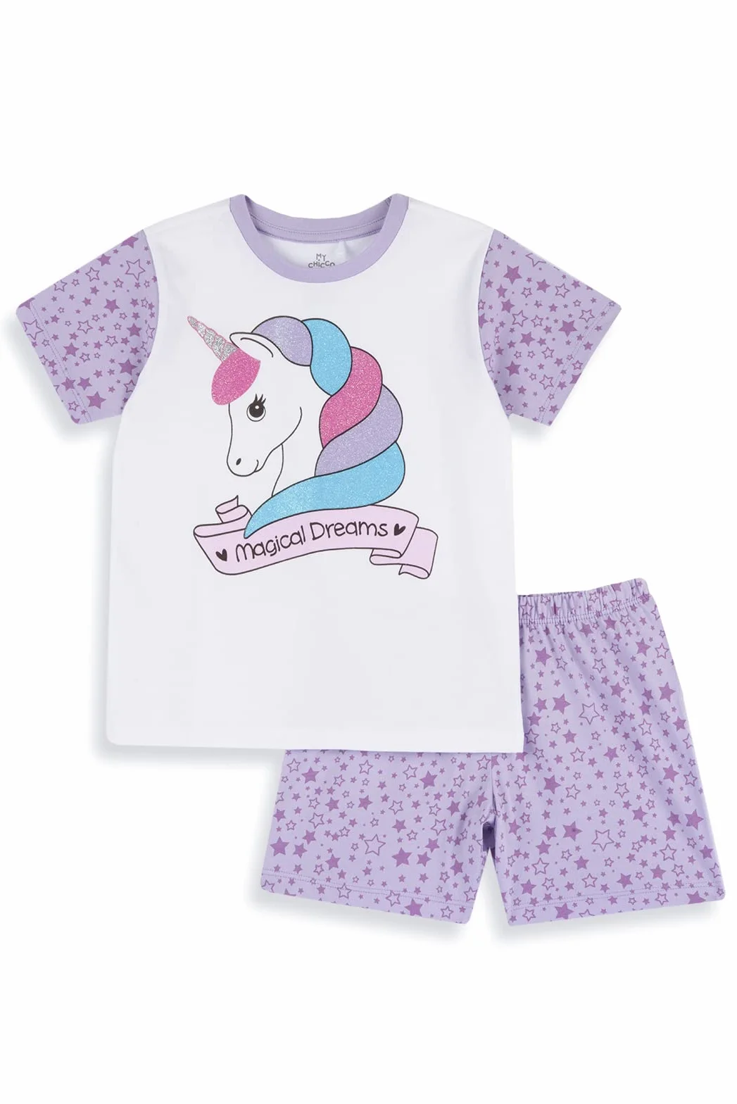 Chicco, Kurzer Pyjama mit Einhornmotiv aus leichter Baumwolle, Mädchenpyjama, Designed in Italy