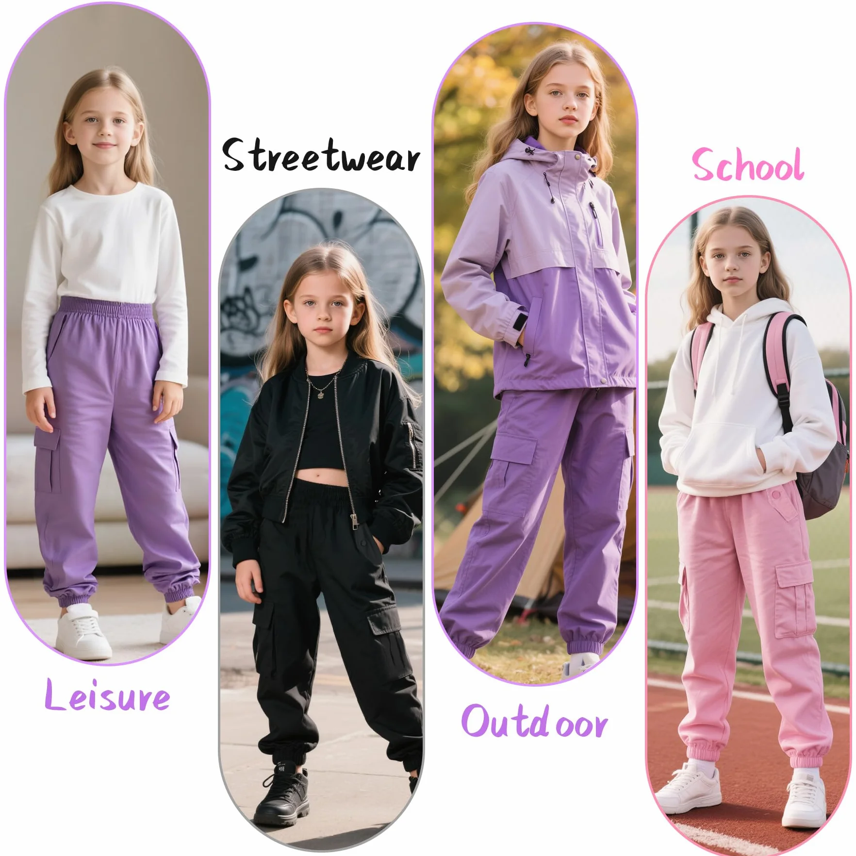 Cargohose Mädchen Baumwolle Kinder Jogginghose Weich Atmungsaktiv Cargo Hose mit Elastischem Bund und Taschen Streetwear Sporthose Freizeithose für Frühling Herbst 6-13 Jahre, Gr.116-158