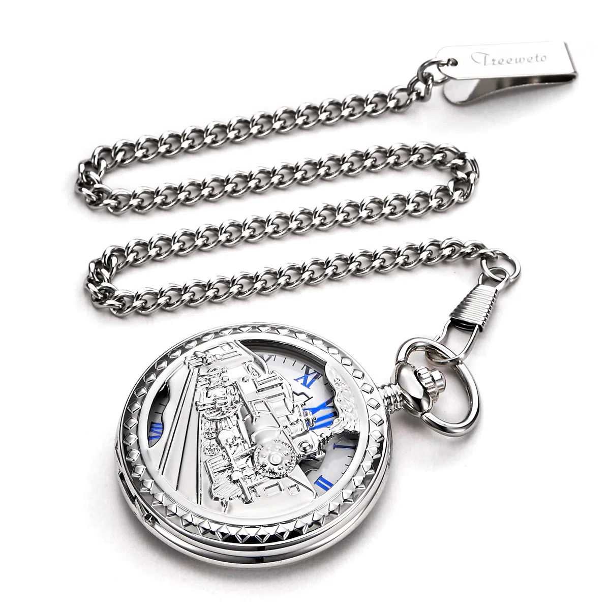 TREEWETO Antique Mens Pocket Watch Skeleton Mechanical Hollow Bronze Case 3D Steam Train Railroad Roman Numerals