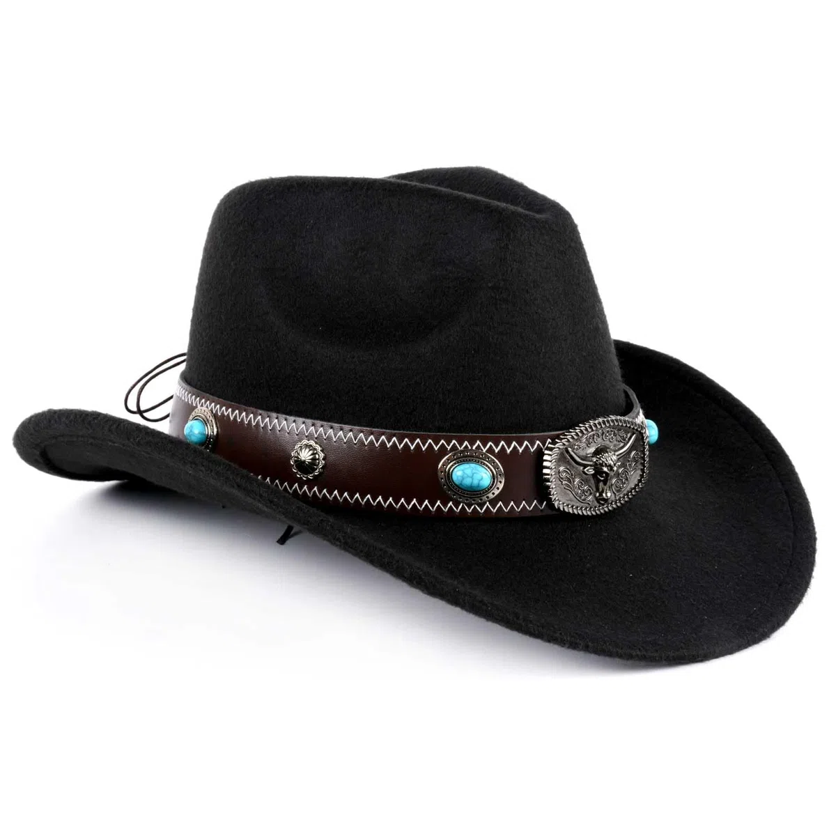 Wollfilz Cowboyhut Westernhut mit breiter Krempe | Trilby Fedora Jazz Cap | Formbarer Outbackhut mit Schnallenband | Verstellbarer Derby Partyhut für Damen und Herren (Größe M - 56-58cm)