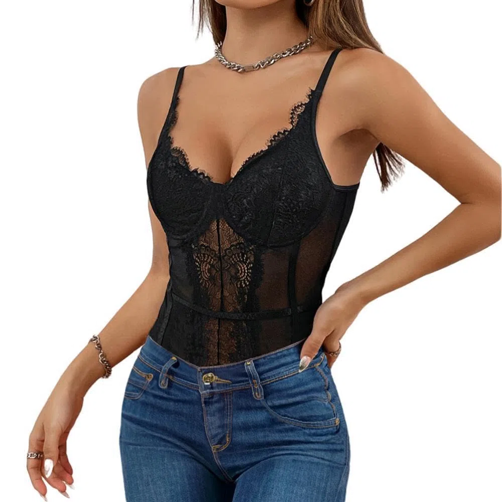 Body Damen Sexy Spitze Transparenter Sheer Mesh Bodysuit Top V Ausschnitt Spaghettiträger Bodys Slim Stretchy Jumpsuit Netz Unterziehbody Mode Rückenfrei Oberteil