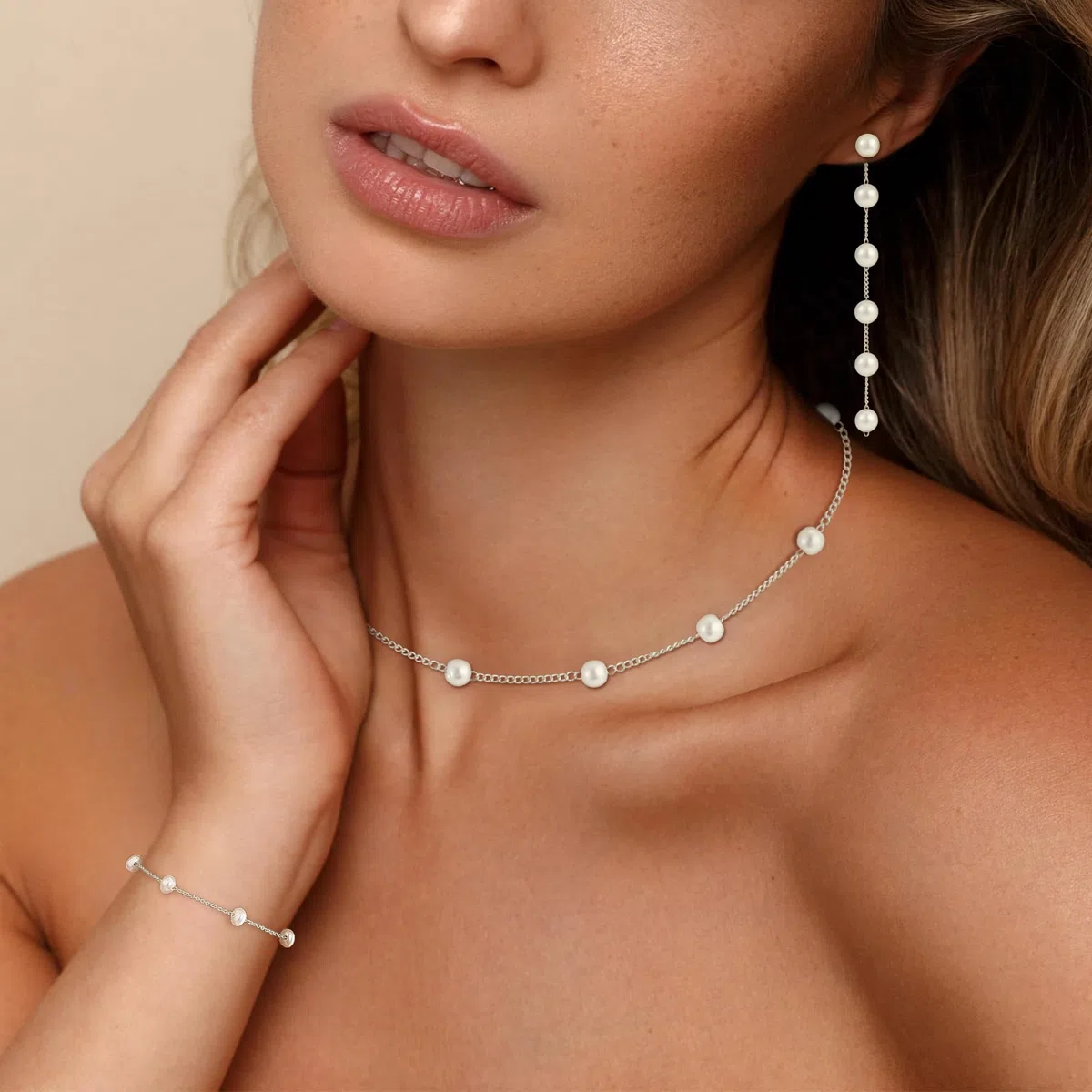 Perlenkette Damen, Wasserfest 18K Gold/Silber Vergoldet Perlenkette und Perlenohrringe Set mit Perlenarmband, Verstellbares Brautschmuck Gold Halskette für Frauen Damen Schmuck