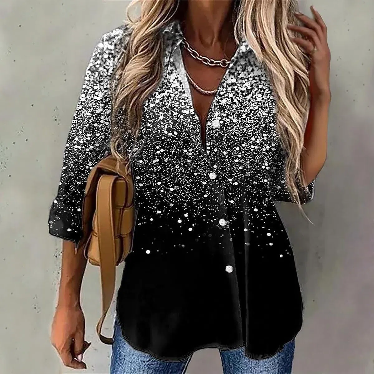 DeaAmyGline Damen Glitzer Bluse Festlich Pailetten Oberteile V Ausschnitt Knopfleiste Shirt Langarm Hemd Blusenshirt Locker Lässig Party Oberteil Hemdbluse Langarmshirt Blusen Tuniken Frauen
