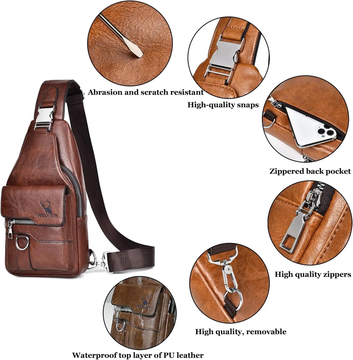 Sling Tasche für Herren,Leder Brusttasche,Wasserdichte Schultertaschen,Lässige leichte Tasche,Handy,Crossbody für Wandern,Radfahren,Camping (Dunkelbraun)