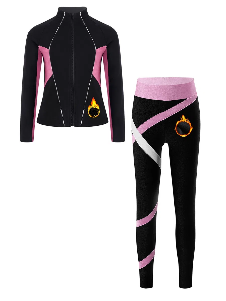 Kaerm Eislaufen Outfit Kinder Mädchen Thermo Trainingsanzug Langarm Sportjacke Mit Patchwork Gymnastikhose 2tlg Dancewear