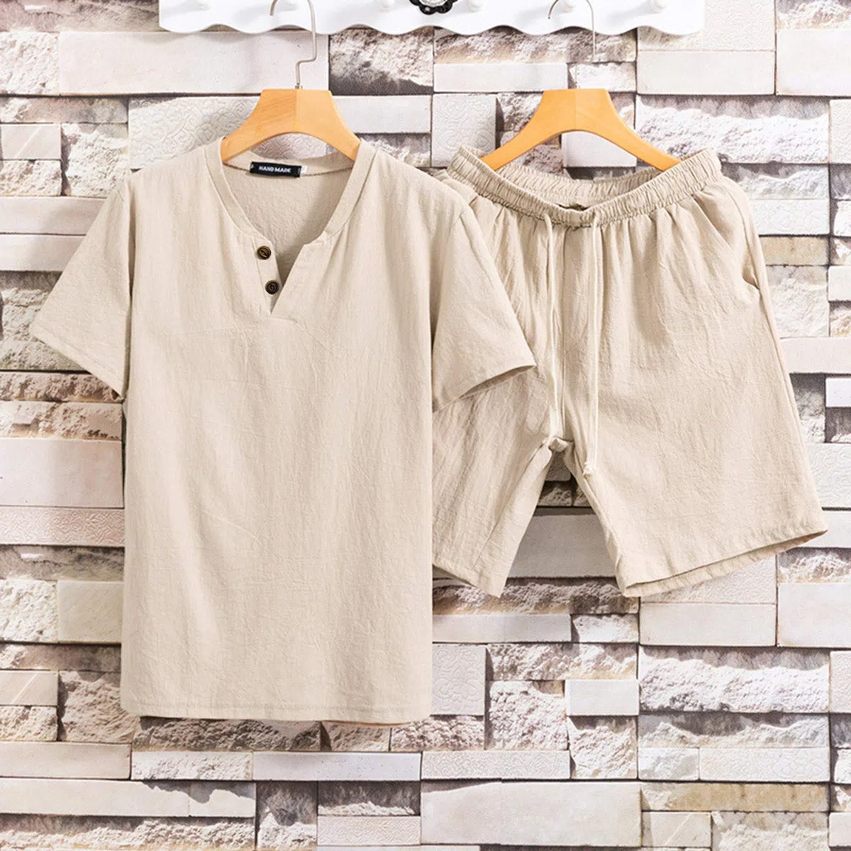 Zweiteiler Herren Leinenanzug Sommer Freizeitanzug Einfarbig 2-teilig Kurzarm Button Up Hemd und Shorts Beach Shirt Kurze Hose Set 2026 Manner Leinen Anzug