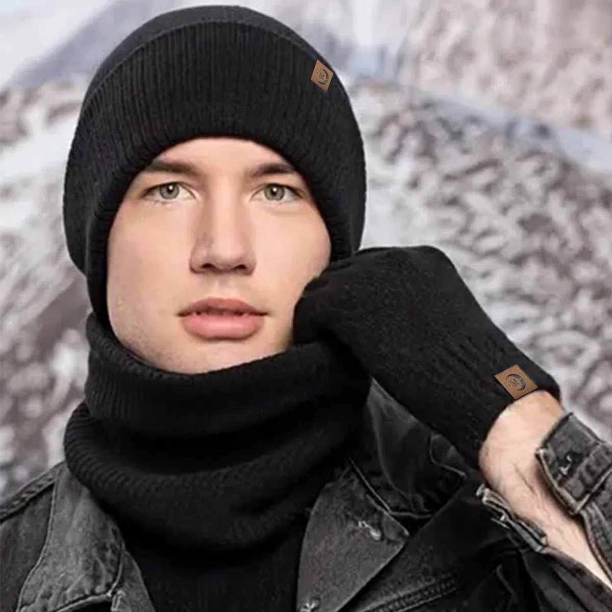 MARUKO Mütze Schal Handschuhe Set Herren Winter Warm Beanie Mütze Schal und Touchscreen Handschuhe Set mit Fleece Gefüttert Strickmütze Winterhandschuhe Schlauchschal Set (Schwarz)