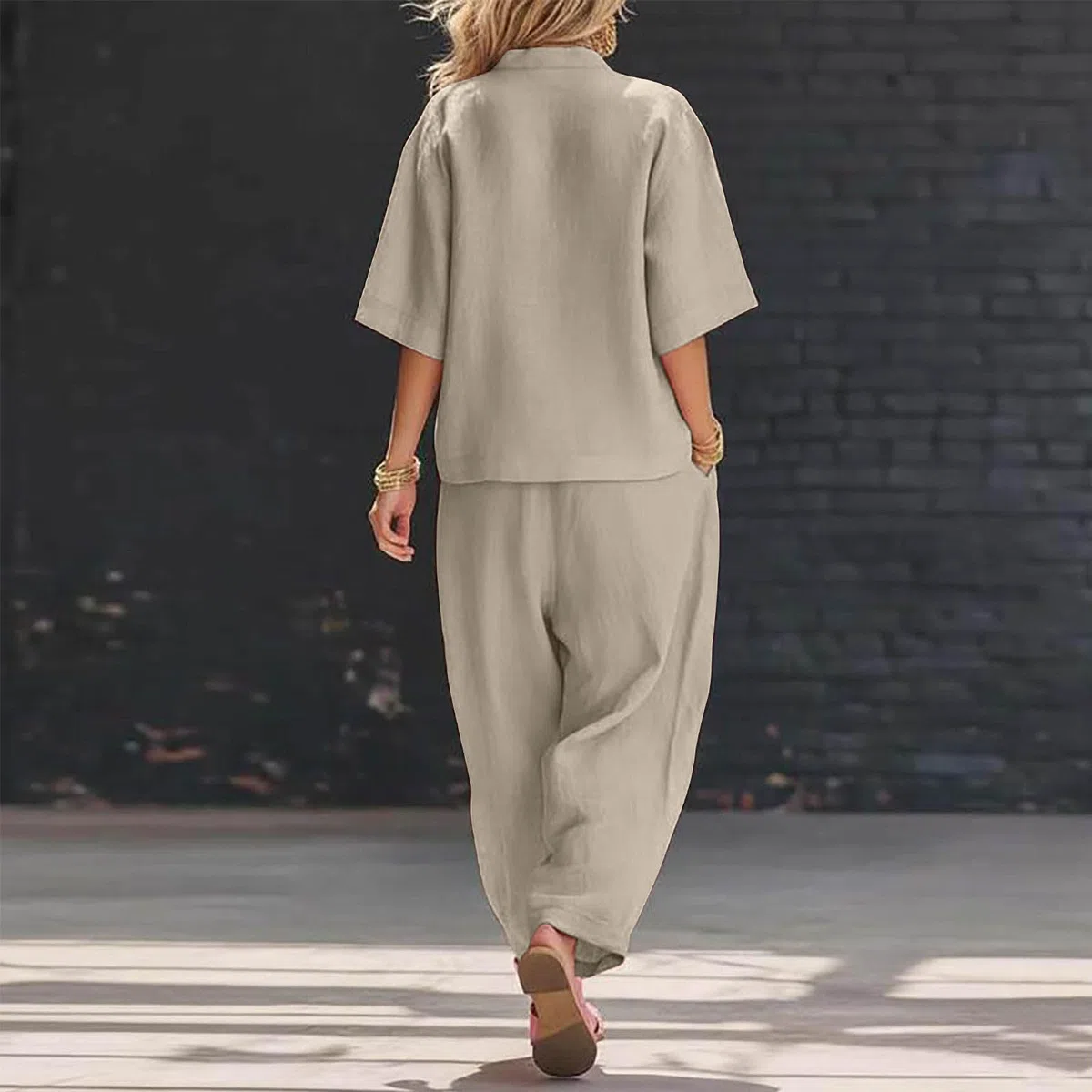 Leinenanzug Damen Sommer Leinen Bluse und Lange Weite Hose, Leinen Set Hausanzug Kuschelig 2 Teiler Einfarbig Sport Outfit Lounge Set Hosenanzug Elegant 2 Teilig Große Größen Leinenanzug mit Taschen